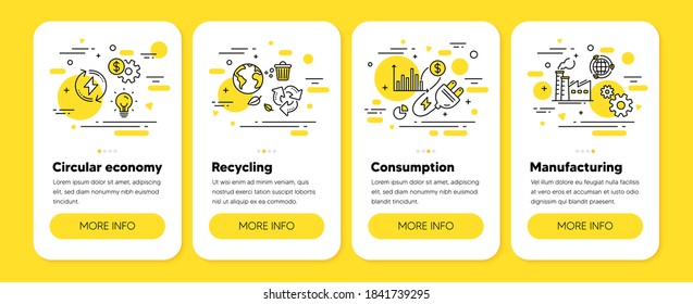 Circular Economy, Energy Consumption, Recycling Factory Line Icons. Manufacturing, Electricity Plug, Recycle Bin. Consumption Economy. Mobile Phone App 4 Step Screens. Editable Stroke. Vector Icons