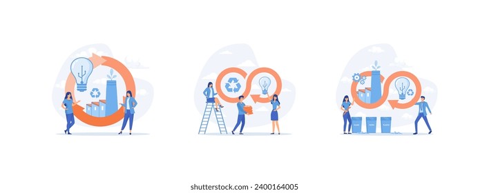 Economía circular y producción de energía, fuentes sostenibles de producción industrial, signo infinito con fábrica. La economía circular fija el vector plano la ilustración moderna