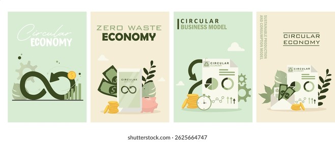 Ilustrações do conceito financeiro da economia circular Coleção Verde. Conjunto de quatro ilustrações modernas que retratam os princípios da economia circular com elementos financeiros. Estilo plano. Ilustração vetorial