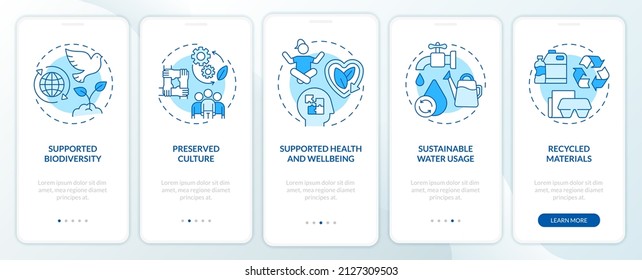 Circular Economy Foundations Blue Onboarding Mobile App Screen. Walkthrough 5 Steps Graphic Instructions Pages With Linear Concepts. UI, UX, GUI Template. Myriad Pro-Bold, Regular Fonts Used