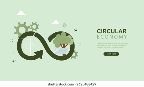 Economía circular Diseño de Anuncio de Web Infinity verde Anuncio de Web con bucle infinito con engranajes integrados y Elementos de árbol que simbolizan la economía circular. Estilo plano. Ilustración vectorial