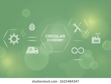 Circular Economy Hexagon Concept on Green Background. Infographic with sustainability icons in hexagonal frames, featuring circular economy principles. World Environment. Vector illustration