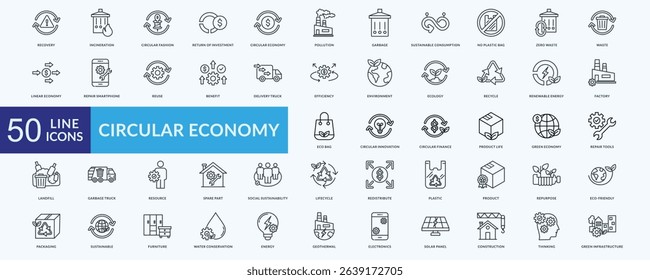Circular economy icon collection set with return of investment, sustainable consumption, no plastic bag, zero waste, renewable energy