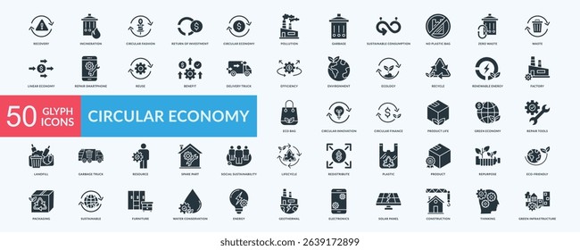 Circular economy icon collection set with green economy, sustainable consumption, no plastic bag, zero waste, renewable energy