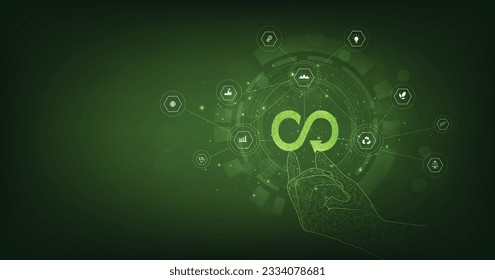 Concepto de icono de economía circular. Ideas para el crecimiento futuro de los negocios y el diseño a reutilizar. Consumo de energía y reducción de las emisiones de CO2. plantar árboles y energía verde para detener el cambio climático.