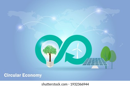 Circular economy icon with lightbulb, solar panels, wind turbines on world map background. Sustainable strategy goal to eliminate waste and pollution, renewable and reuse natural resources.