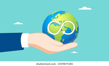 circular economy icon on globe earth, business with environmental care and sustainable waste management, circular economy for future growth of business, procedure to reuse and renewable material