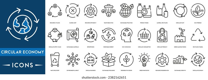 Paquete de iconos de Economía circular. Ilustración vectorial. Modelo de negocio sostenible. Régimen del ciclo de vida de los productos desde la materia prima hasta la producción, el uso, el reciclado en lugar de los residuos.