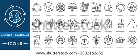Circular Economy icon pack. Vector illustration. Sustainable business model. Scheme of product life cycle from raw material to production, using, recycling instead of waste.