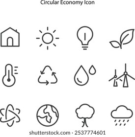 Circular economy icon set with outline style on white background, sustainable development icon set.