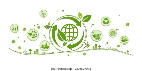 iconos de economía circular. El concepto de eternidad, interminable e ilimitado, economía circular para el crecimiento futuro de negocios y medio ambiente sustentable con diseño plano infográfico, ilustrador vectorial.