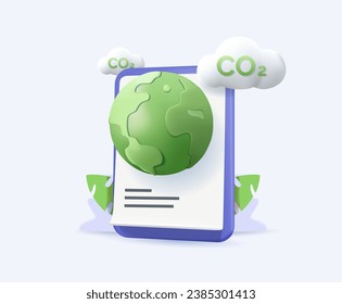 Circular economy illustration 3D. Sustainable economic growth strategy, recourses reuse and reduce co2 emission, climate impact 3D vector. ESG, green energy and industry concept. Vector illustration