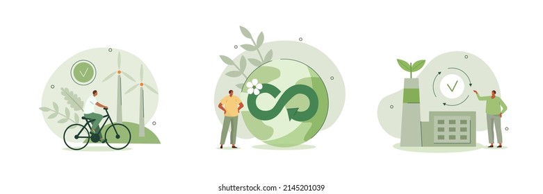 Circular economy illustration set. Sustainable economic growth with renewable energy and natural resources. Green energy, sustainable industry and manufacturing concept. Vector illustration.
 - Shutterstock ID 2145201039