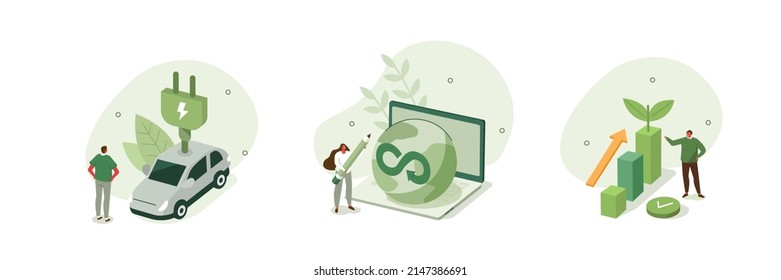 Circular economy illustration set. Sustainable economic growth with renewable energy and natural resources. Green energy and electric transport concept. Vector illustration.