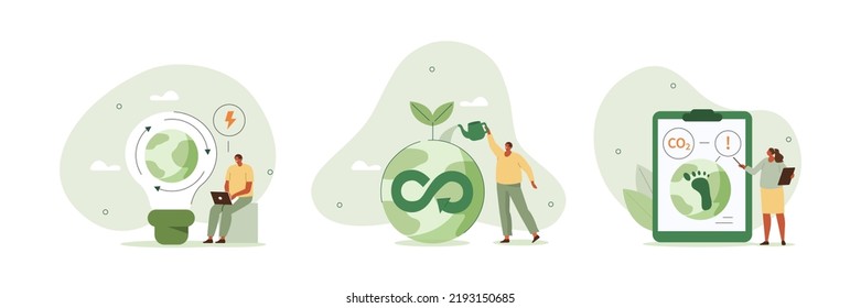 Circular economy illustration set  Sustainable economic growth strategy  recourses reuse   reduce co2 emission   climate impact  ESG  green energy   industry concept  Vector illustration  
