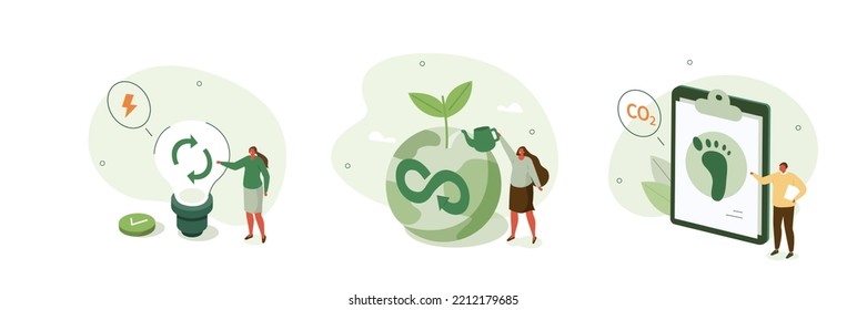 
Circular economy illustration set. Sustainable economic growth, recourses reuse and reduce co2 emission and climate impact. ESG, green energy and industry concept. Vector illustration. 
