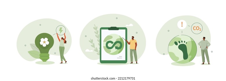 
Circular economy illustration set. Sustainable economic growth, green energy and reduce co2 emission and climate impact. ESG, green energy and industry concept. Vector illustration. 