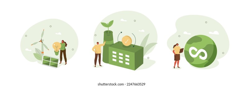 Circular economy illustration set. Sustainable economic growth with renewable energy and natural resources. Green energy, eco-industrial development and manufacturing concept. Vector illustration.