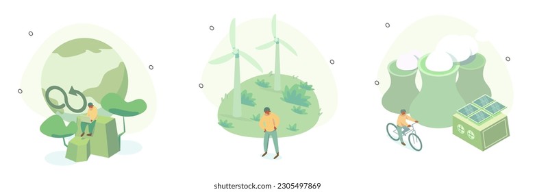 Circular economy illustration set. Sustainable economic growth with renewable energy and natural resources. Green energy, sustainable industry and manufacturing concept. Vector illustration.