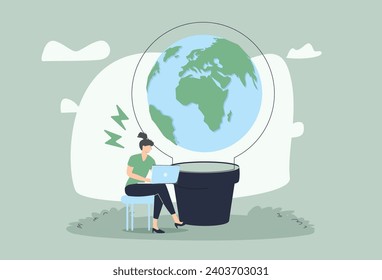 Circular economy illustration set. Sustainable economic growth strategy, recourses reuse and reduce co2 emission and climate impact. ESG, green energy and industry concept. Vector illustration