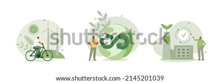 Circular economy illustration set. Sustainable economic growth with renewable energy and natural resources. Green energy, sustainable industry and manufacturing concept. Vector illustration.
