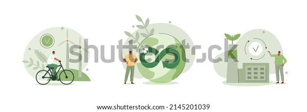 Circular economy illustration set.\
Sustainable economic growth with renewable energy and natural\
resources. Green energy, sustainable industry and manufacturing\
concept. Vector\
illustration.\
