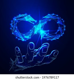 Circular Economy With Infinite Concept. Arrow Infinity Symbol On Dark Blue Background, Abstract Business Vector 3d. Digital Polygonal Low Poly Mesh Illustration