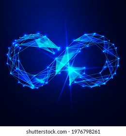 Circular economy with infinite concept. Arrow infinity symbol on dark blue background, abstract business vector 3d. Digital polygonal low poly mesh illustration