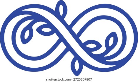 Ícone de loop infinito de economia circular. Símbolo de infinito azul com folhas. Ciclo de vida sustentável.