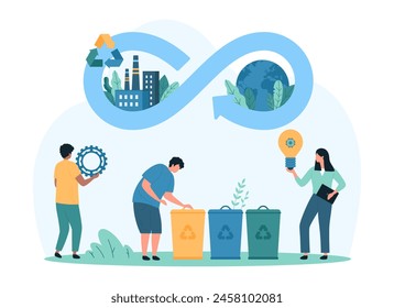 Circular economy innovation sustainable strategy, tech solutions. Tiny people holding gear, light bulb with microchip, develop waste management, circulation of production cartoon vector illustration