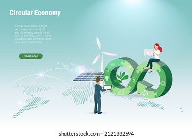 Circular economy in jigsaw puzzles  with wind turbines and solar panel on world map. Businessman team set up sustainable strategy goal of eliminating waste and pollution by using natural resources. 