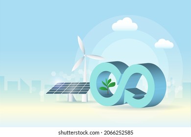 Circular economy logo with wind turbines and solar panel in city building background. For sustainable strategy goal of eliminate waste and pollution, renewable and reuse natural resources.