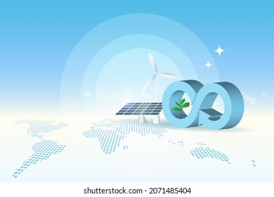 Circular economy logo with wind turbines and solar panel on world map background. For sustainable strategy goal of eliminating waste and pollution, renewable and reuse natural resources.