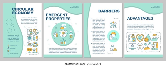 Circular economy model mint brochure template. Barriers and advantages. Leaflet design with linear icons. 4 vector layouts for presentation, annual reports. Arial, Myriad Pro-Regular fonts used