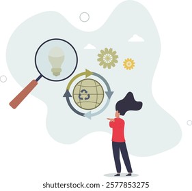 Circular economy model for sustainable resources saving .Manufacturing from recycled materials and environmental production for effective trash management.flat characters.