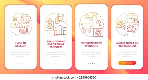 La economía circular obstaculiza la pantalla de aplicación móvil con gradiente rojo. Recorrido 4 pasos de páginas de instrucciones gráficas con conceptos lineales. UI, UX, plantilla GUI. Multitud de tipos de letra Pro-Bold, con uso regular
