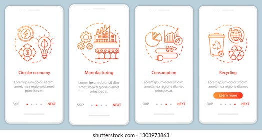 Circular Economy Onboarding Mobile App Page Screen With Linear Concepts. Manufacturing, Consumption, Recycling Walkthrough Steps Graphic Instructions. UX, UI, GUI Vector Template With Illustrations