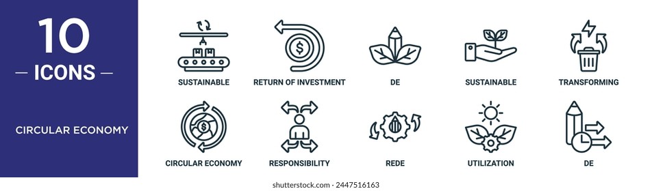 circular economy outline icon set includes thin line sustainable, return of investment, de, sustainable, transforming, circular economy, responsibility icons for report, presentation, diagram, web