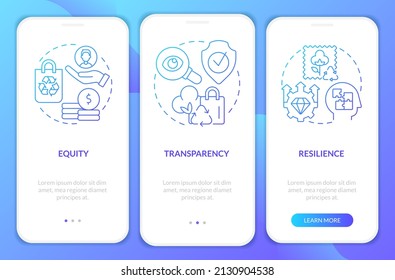 Circular economy principles blue gradient onboarding mobile app screen. Walkthrough 3 steps graphic instructions pages with linear concepts. UI, UX, GUI template. Myriad Pro-Bold, Regular fonts used
