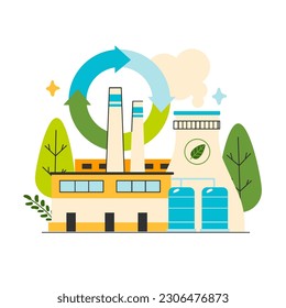 Economía circular. Ciclo de vida del producto de la producción, el consumo y el reciclado. Responsabilidad de las empresas por el impacto en el medio ambiente. Ilustración vectorial plana