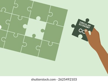 Circular Economy Puzzle Piece Solution Concept. hand holding circular economy puzzle piece with recycling symbol, preparing to complete a green sustainability puzzle. Flat style. Vector illustration