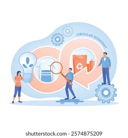 Circular economy with renewable energy, recycling, and sustainable development. Environmental awareness and renewable energy. Circular Economy concept. Flat vector illustration.