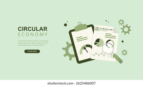 Circular Economy Research Data Analysis Web Banner Design. Professional web banner featuring clipboard with circular economy reports, charts, graphs, magnifying glass for analysis. Vector illustration