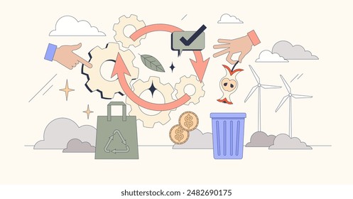 Circular economy with responsible recycling tiny person neubrutalism concept. Smart and effective resources usage for reusing and waste management vector illustration. Green ecological manufacturing.