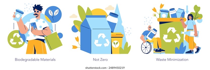 Circular Economy set. Sustainability through recycling, reusable packaging, and waste reduction. People embracing eco-friendly practices. Vector illustration.