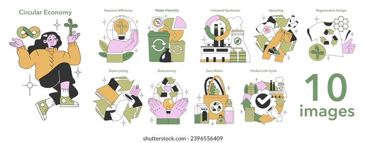 La economía circular en juego. Vida sustentable, conceptos innovadores de reciclaje. Gestión ecológica de los recursos, reducción de desechos. Ilustración vectorial plana