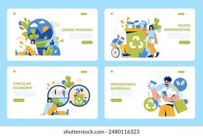 Circular Economy set. Sustainable living practices and resource conservation. Green thinking, waste minimization, and use of biodegradable materials. Vector illustration.