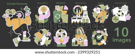 Circular Economy set. Sustainable living, innovative recycling concepts. Eco-friendly resource management, waste reduction. Flat vector illustration
