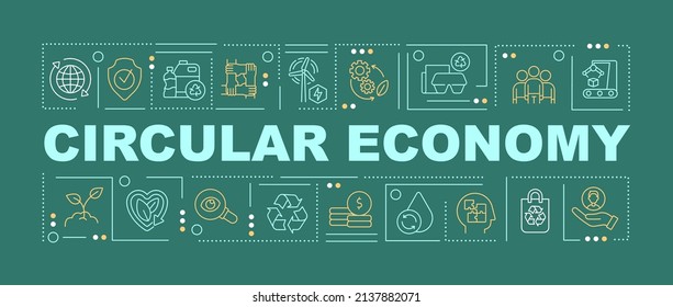 Circular economy solutions word concepts dark green banner. Sustainability. Infographics with icons on color background. Isolated typography. Vector illustration with text. Arial-Black font used