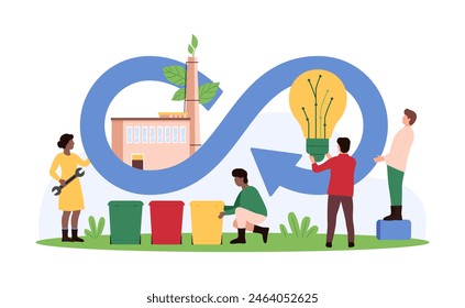 Circular economy, sustainable business development and manufacturing strategy, waste management. Tiny people reuse materials in industry in infinity circulation cycle cartoon vector illustration